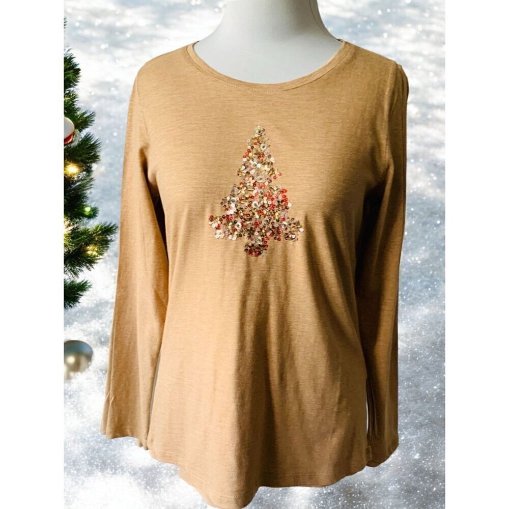 Coldwater Creek Womens Long Sleeve Size 4 Sequined Tree Design Crew Neck Brown